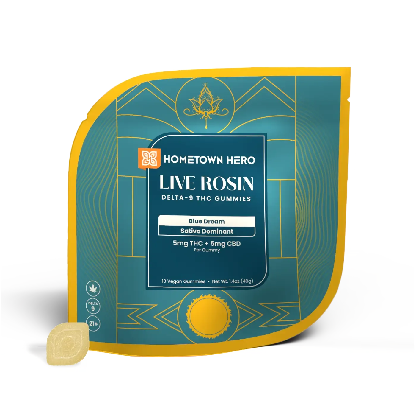 HOMETOWN HERO: 5MG DELTA 9 THC + 5MG CBD LIVE ROSIN GUMMIES (SATIVA) - 100MG - Image 3